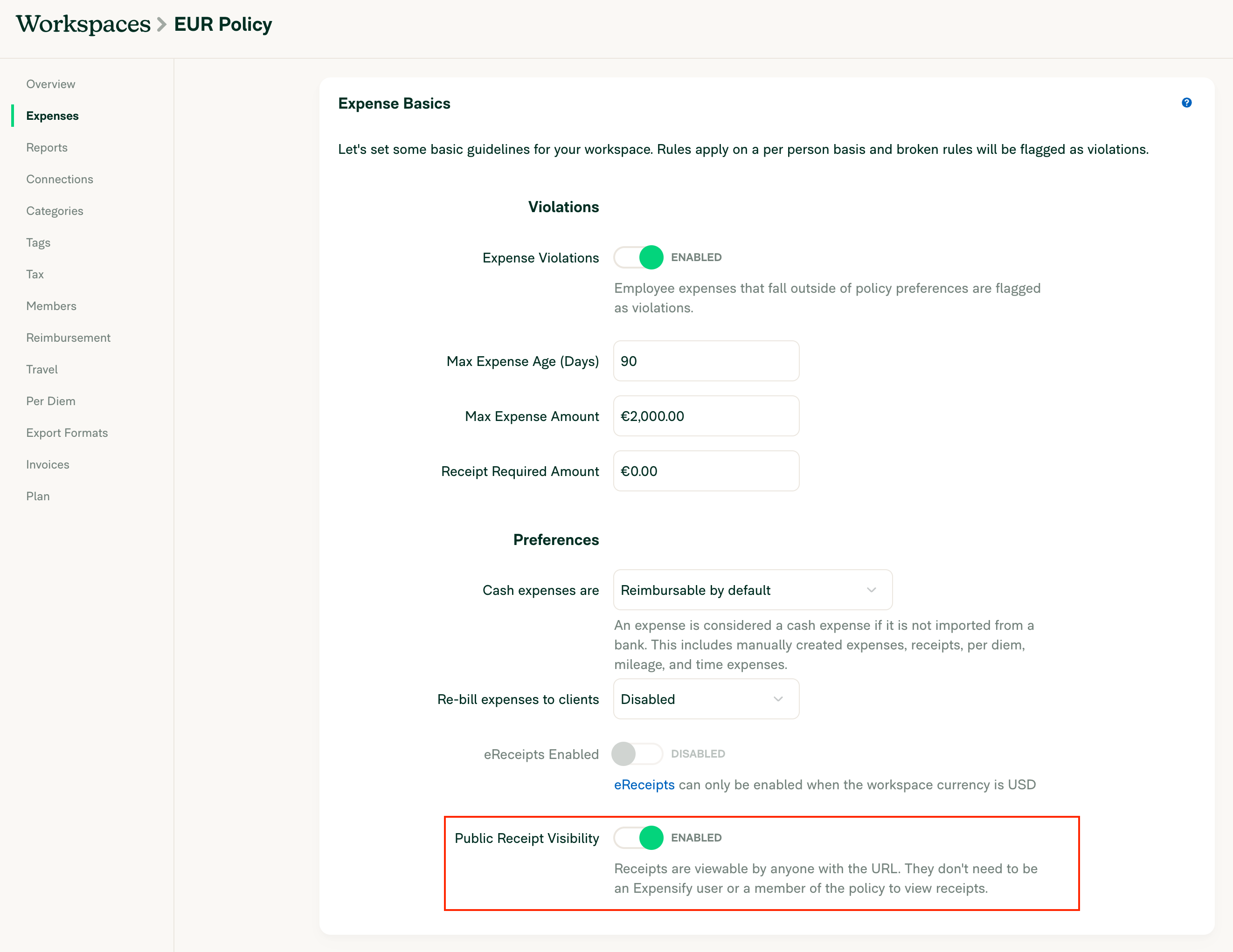 Expensify policy public receipt visibility.png