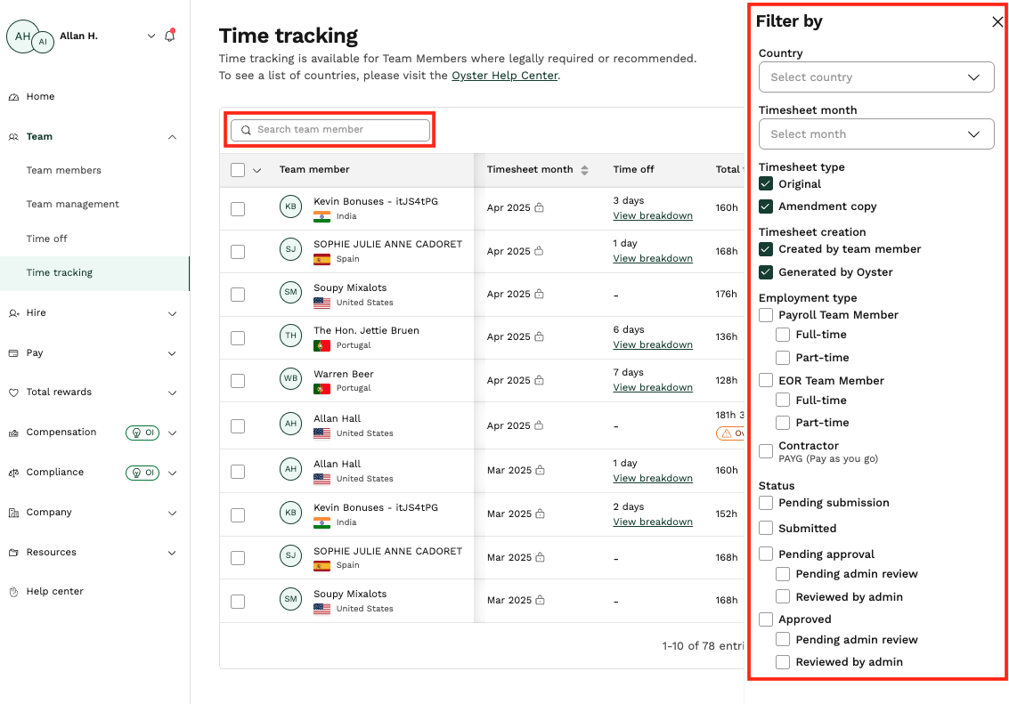 The main "Time tracking" section of the Oyster platform, with team members listed and the search and filter options highlighted