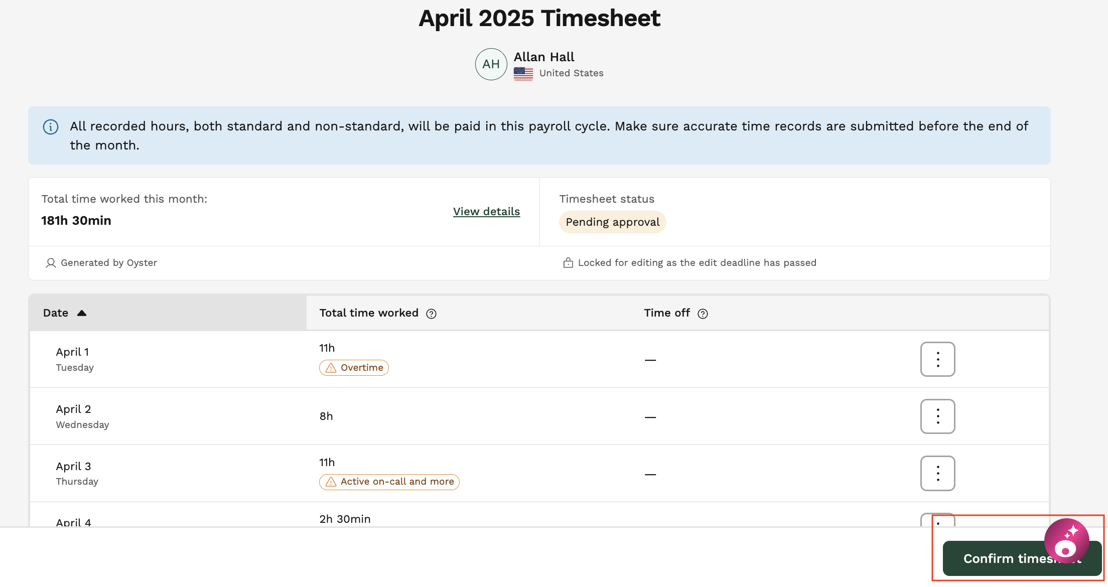 View of a specific month's timesheet for one team member, with the "Confirm timesheet" button highlighted confirm timesheet.png