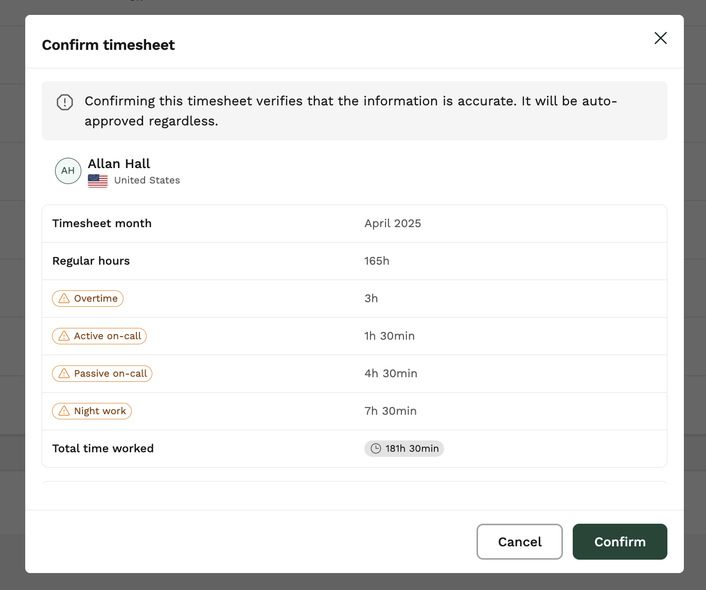 The "Confirm timesheet" screen from the Oyster platform, showing the total number of regular hours and non-standard hours recorded, with options to Confirm or Cancel