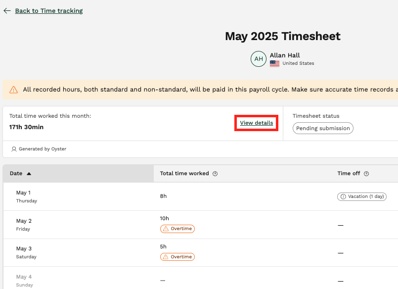 View of a team member's monthly timesheet with the "View details" link highlighted next to the total time worked